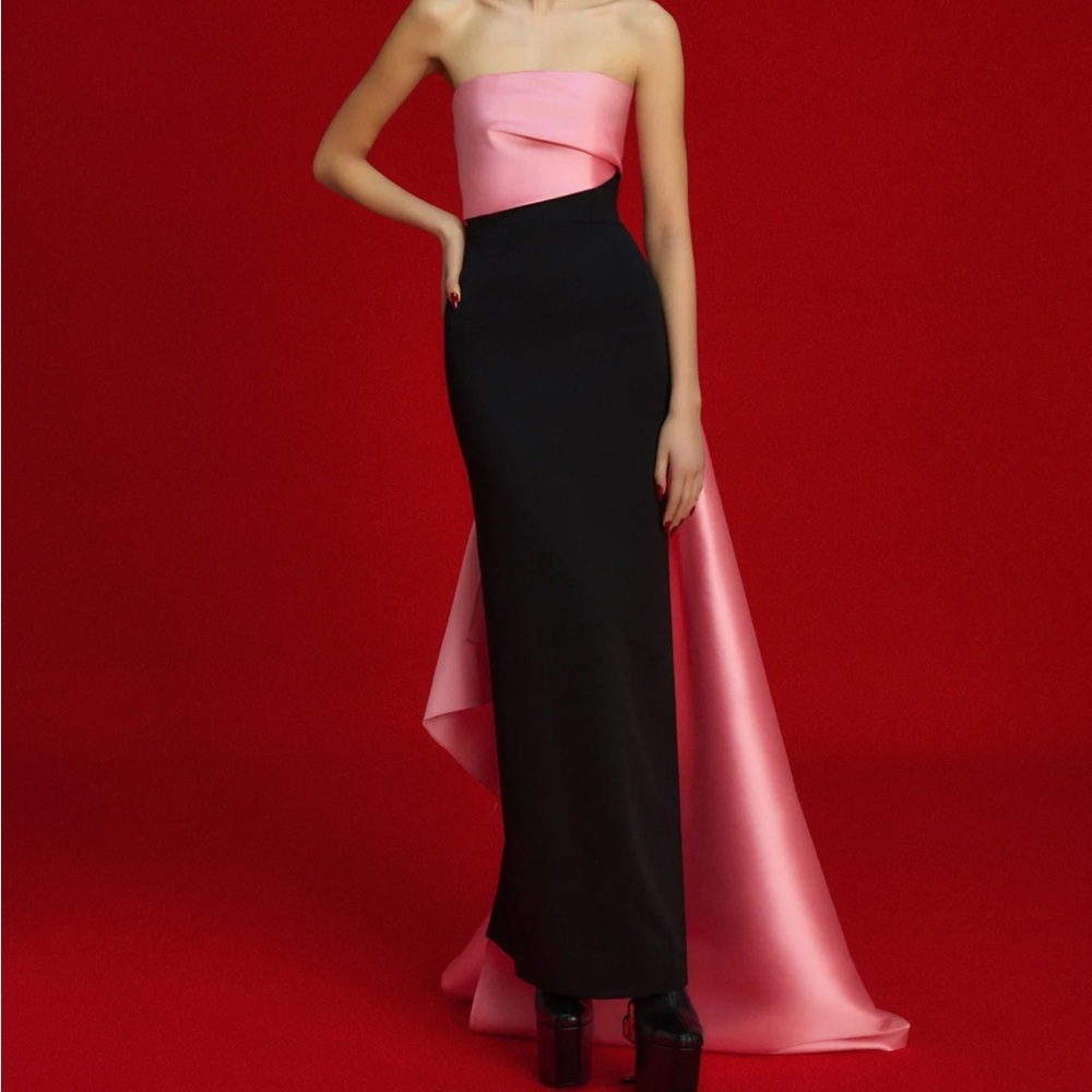 Solace London Strapless Pink and Black Column Gown with Satin Train